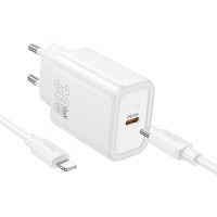  Lādētājs Hoco N62 30W GaN USB-C + USB-C to Lightning kabelis 1.0m white 